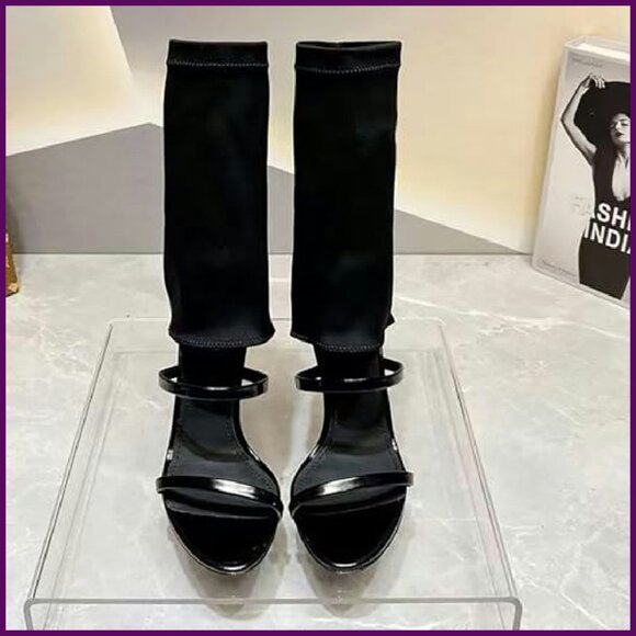 Stiletto Gladiator Sandals High Top Open Toe Stretch Fabric Heels - Picture 4 of 8